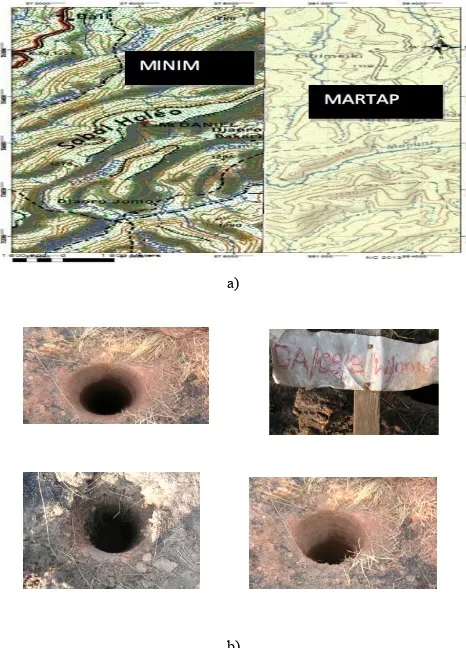 Figure 1.  a) Map of the sampling zone b) Bore holes where bauxite was collected 