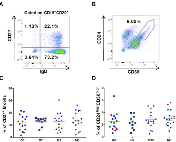 Figure 3. Circulating B cell subsets are not modified by ASC injection in the knee. Representative transitional B cells transitional B cells dot plots to identify switched and un-switched CD27+ memory B cells (A), and CD24highCD38high(B)