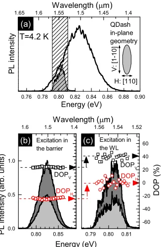 FIG. 1.(a) Low temperature ((H, V) obtained under the pulse excitation in the barrier(EInAs/InT =4.2 K) PL spectrum of0.53Ga0.23Al0.24As/InP(001) QDashes (Eexc=1.49 eV,Pexc=0.4 µW/µm−2)