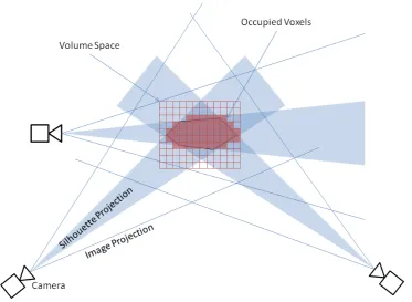 Figure 3.3: Voxel Occupancy Model: Three camera positions with projectedsilhouette images carving a form at the region of intersection, sampled by avoxel volume