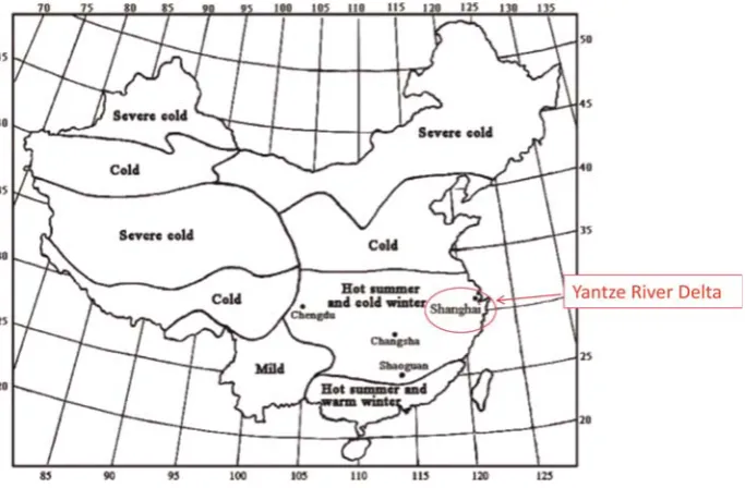 Figure 1. Climatic zones of China and location of the Yangtze River Delta area [4].