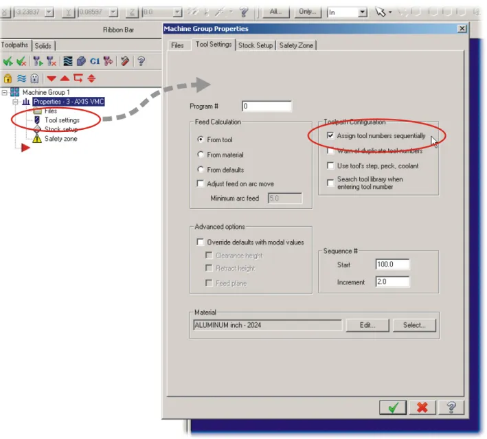 Figure 8:  Using the Machine Group Properties to number tools sequentially