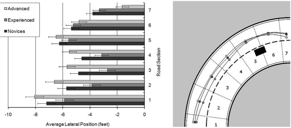 Figure 13. Variance of lateral position for rider groups across the sections of the right-hand hazard bend (with standard error bars).doi:10.1371/journal.pone.0029978.g013