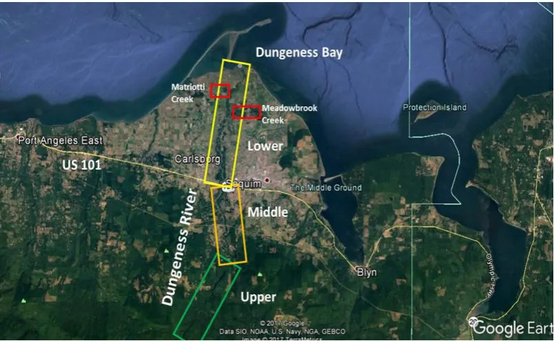 Figure 1a.  Location map of the Dungeness River study area and its reaches. The Upper Reach is located on USFS land, which was assessed at the higher end of ‘Functional-At-Risk’ (FAR), green box