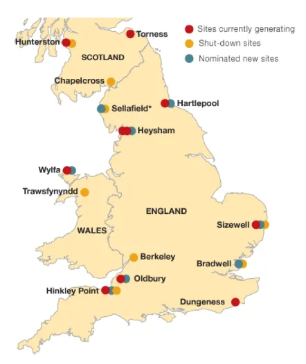 Figure 1.6: Nuclear reactor sites across the UK. (Image courtesy of The Depart-ment of Energy and Climate Change.)