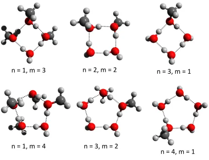 FIG. 5. Predicted lowest-energy structures for the (H2O)n(CH3OH)m clusters (n + m = 4 and