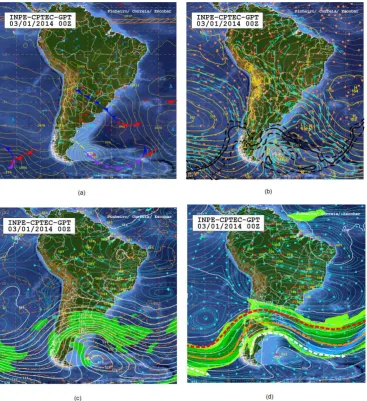 Figure 3.  Product CPTEC-GPT at 00 UTC (03/01/2014): (a) Surface Chart; (b) Height Chart – 850 hPa; (c) Height Chart – 500 hPa; (d) Height Chart – 250 hPa