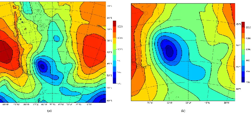 Figure 5.  MSLP (hPa) 00 UTC (03/01/2014) – Analysis without DFI for domain 1 (a) and for domain 2 (b) 