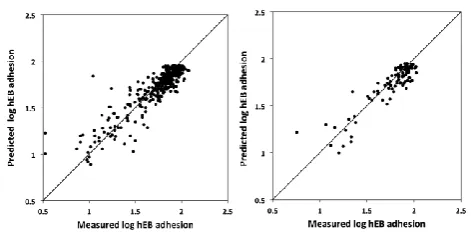Figure 2. Predictions of the log hEB adhesion on the polymers for the training (left) and test (right) sets for the nonlinear Bayesian (BRANNLP 40 neural net model