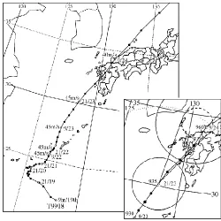 Figure 1 shows the storm area where the wind speed exceeded 25 m/s as forecasted by the JMA