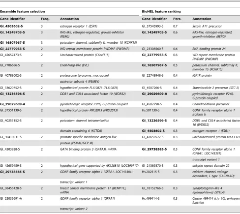 Table 10. List of high scoring genes for the breast cancer dataset.