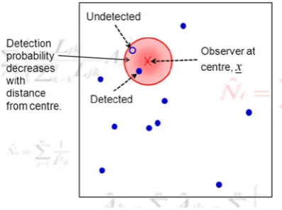 Fig. 4 Schematic representation of a point transect survey with onepoint. The observer is at x at the center of the shaded region.Detection probability decreases away from the center (indicated bylighter shading) and not all animals in the searched region (shadedregion) are detected