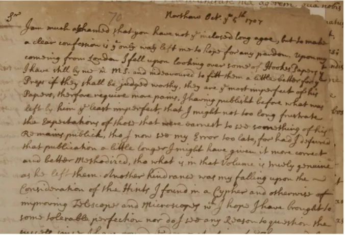 Figure 1 – Holograph letter from Waller to Hans Sloane, Royal Society Early Letters W3/70, 4  October 1707