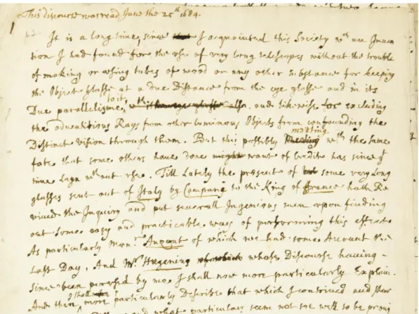Figure  4  –  Robert  Hooke  holograph  manuscript  ‘Of  Long  Telescopes’,  5  June  1684,  RS  Cl.P./20/62