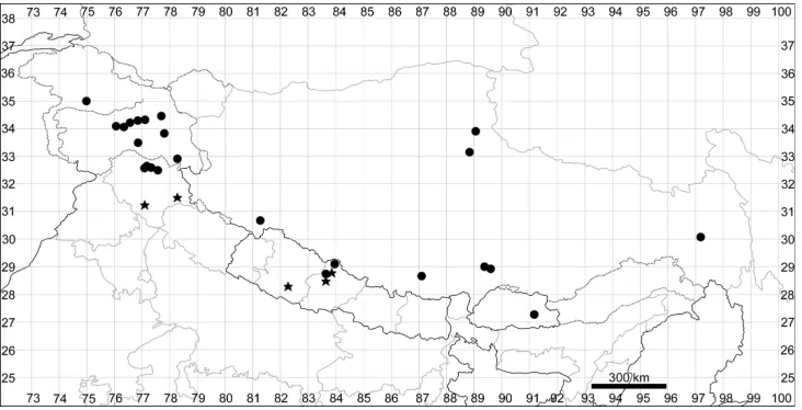 Figure 7. Distribution map of Chenopodium harae (stars) and C. karoi (circles).