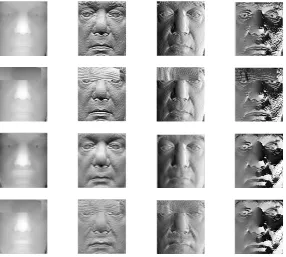 Fig. 1. Quality of reconstruction forof (from left to right) depth, the ﬁrst two components of the normals and the azimuth angle.Second row:Third row:of the non-corrupted subspaces