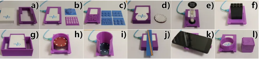 Fig. 4. 3D printed cases and modules for guiding objects and signals, e.g., numpad, rotation, sliding, Lego holder, card holderand slotting disc holder.