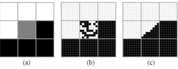 Figure 5. Super-resolution mapping when a patch is large. (a) 3×3 block of coarse pixels, all are pure except the central pixel for which the class proportion =0.5, (b) initial random allocation of sub-pixels in a HNN-based analysis, (c) Output of the HNN