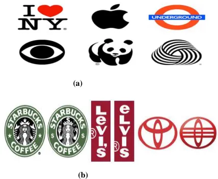 Fig. 1. (a) Examples of popular logos depicting real world objects, text, graphic signs, and complex layouts with graphic details