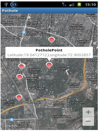Fig. 4. Plotting detected potholes in Google Maps 