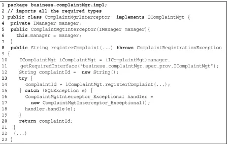 Figure 12. Implementation of the registerComplaint method of class ComplaintMgrInterceptor