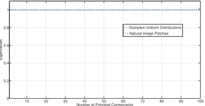 Fig. 4.The eigen-spectrum of natural images and theeigen-spectrum of samples drawn from Matlab’s randomnumber generator.