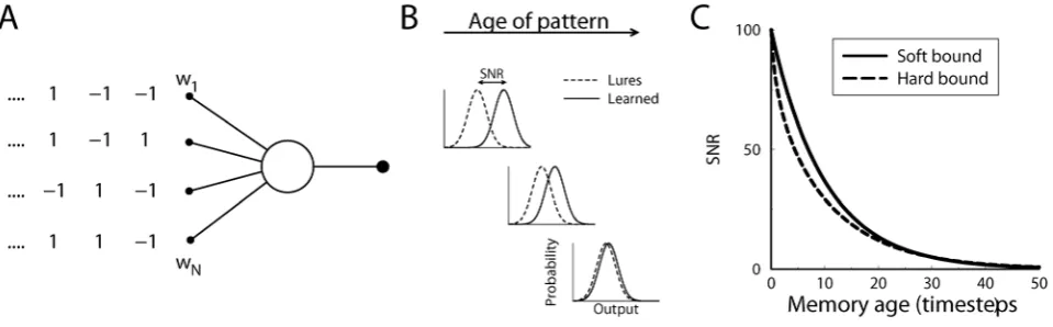 Figure 1. Diagram of the single neuron recognition task. A) A neuron receives binary pattern inputs