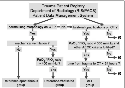Figure 1 Flowchart illustrating group assignmentoxygen; reference spontaneous group, spontaneously breathing trauma patients with normal lung morphology on CT; reference ventilatedgroup, mechanically ventilated trauma patients with normal lung morphology; 