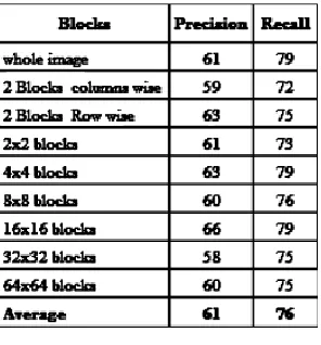 Table I AVERAGE PRECISION AND RECALL FOR DIFFERENT BLOCK SIZES. 