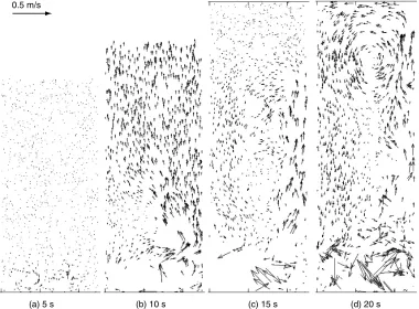 Figure 13: Computed snapshots of the particle velocities of the gas-liquid-particle =