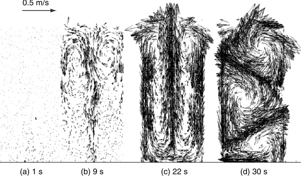 Figure 5: Computed snapshots of the particle velocities of the gas-liquid-particle =