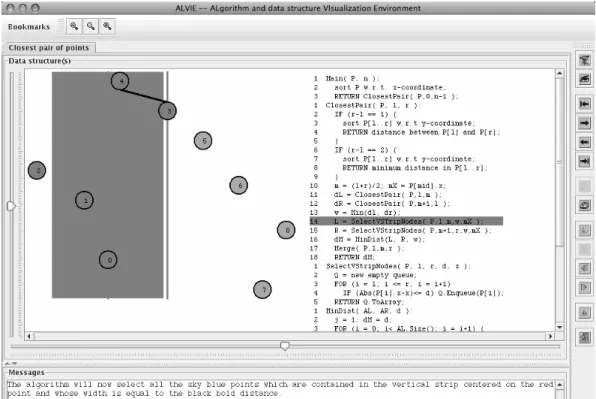 Figure 5. Sample visualization from the ALVIE System: an animated tutorial of an algo- algo-rithm to find the pair of points that are closest to each other from a collection of points