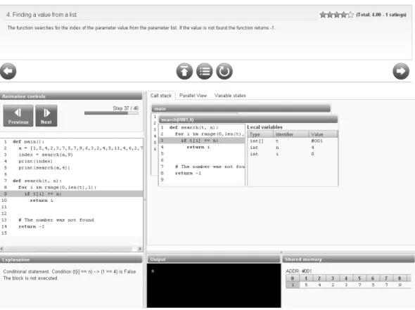 Figure 8. Ville system interface. Ville supports dynamic programming exercises, with a  built-in runtime environment that permits students to visualize the execution of simple  programs and get immediate feedback on whether their solutions are correct