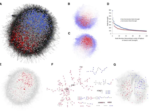 Figure 2. Properties and Topologies of SCoPNet and Comparison with SeedNet.(B)increasing nongermination node strength are colored with darker shades of red and edges representing an increasing frequency of co-occurrencebetween gene pairs in nongermination 