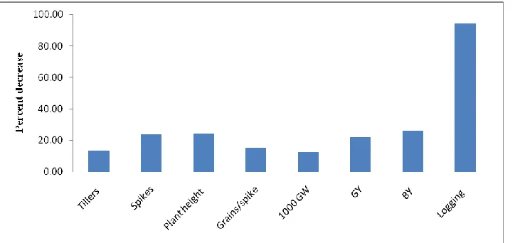 Figure 1. Percent decrease in yield, yield components and lodging by grazing in wheat  