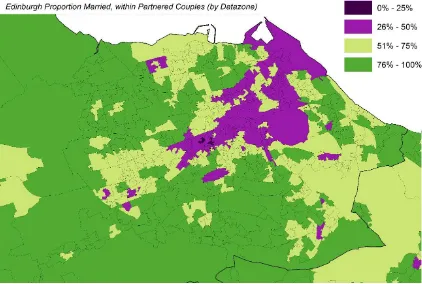 Figure 4.5 Edinburgh, relationship status: proportion of married men and women, within partnered  couples