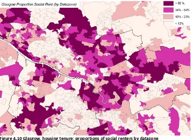 Figure 4.10 Glasgow, housing tenure: proportions of social renters by datazone (Based on the Census 2001, men and women aged 18-49) 
