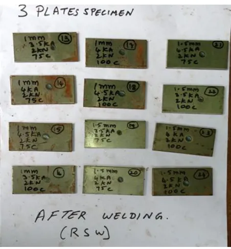 Fig. 2b Three sheets spot weld coupons (specimens) after welding  