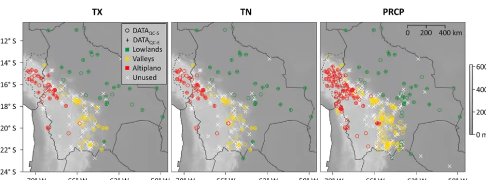 Figure 1. Stations of the DECADE dataset with ≥ 20 years of valid observations for maximum temperature (TX), minimum temperature(TN), and precipitation (PRCP)