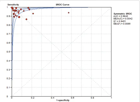 Figure 4 SROC curve of the CSF lactate concentration for differential diagnosis of BM from AM