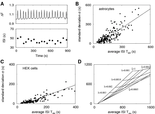 Figure 2: Ca2+ oscillations are stochastic. A: Representative time series of a single HEK cell stimulated by 30 µM CCh