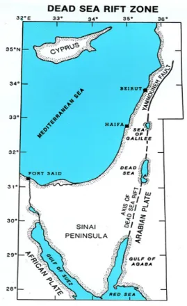 Figure 3: Map showing the Dead Sea transform system.  Sharing network data provides all countries with access to near real-time data for the entire region.
