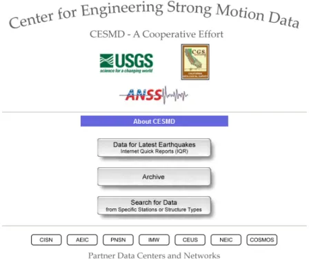 Figure 1 Front web page of the Center for Engineering Strong Motion Data  3. CESMD WEB SITE 