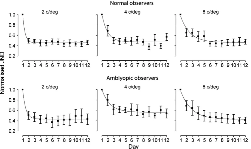 Fig. 2. Mean normalised learning curves for the different spatial frequency training groups