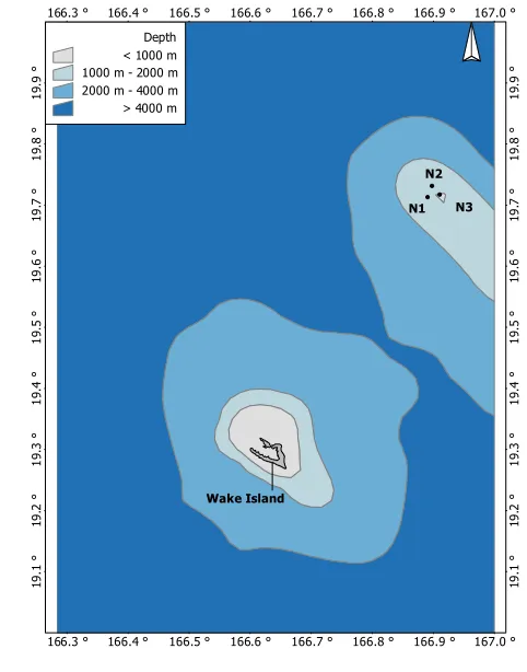 Figure 1. Map showing the location of Wake Island (coordinates: 19.30, 166.63) and the