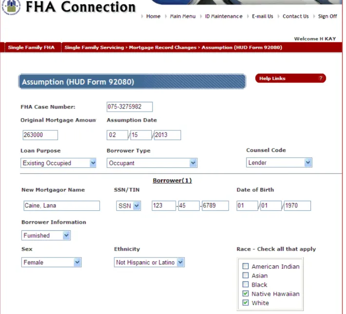 Figure 6: Assumption (HUD Form 92080) page (partially displayed) 