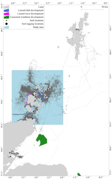 Figure 4. Map showing the spatial extent of the analysis, tracks of 54 animals (dark grey points), their tagging locations (black circles), proposed offshore marine renewable developments (tidal stream (blue), wave (pink), wind (green) areas), and study ar