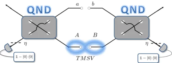 Figure 5.1: The two modes of a two mode squeezed vacuum interact with two vacuum modes whichare subsequently measured for the presence or absence of photons