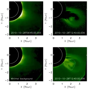 Figure 10: Left column: comparison between two diﬀerent background pre-event images. The upper one is the pre-the left column.column: base-diﬀerence images atevent background image acquired at ∼09:45 UT, while the lower one is the 24 hr minimum background 