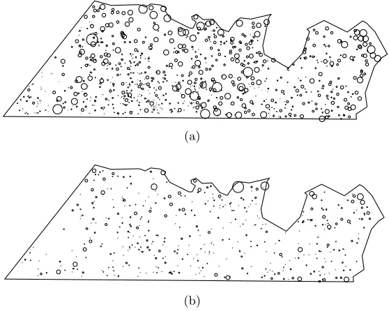 Fig 8. Plots of the estimated common spatial eﬀect (a) and the three unstructured eﬀectsuij, vijkij and wijkij (b)–(d) for the koala data set.